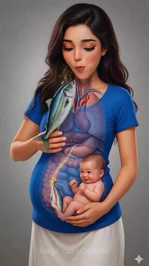 Pregnant woman with anatomical overlay, happy baby in womb receiving fish for nutrition.