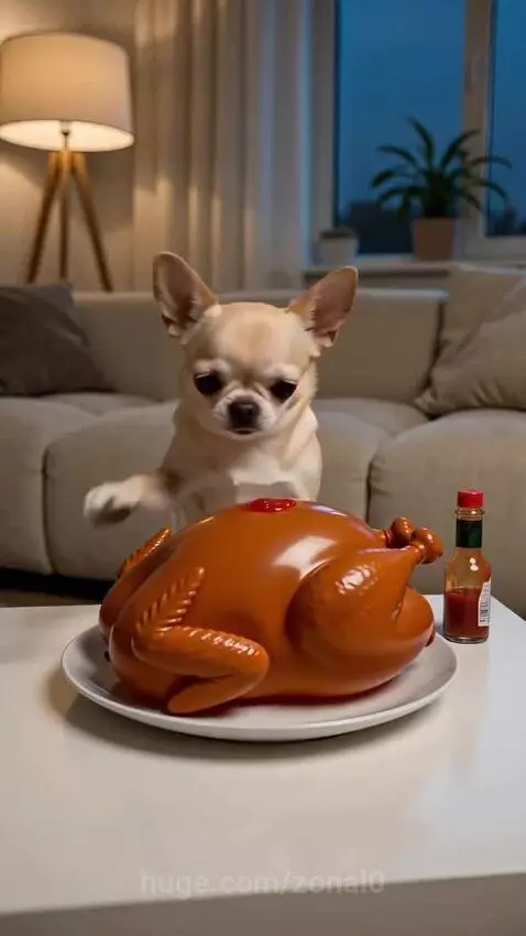 A small chihuahua places a toy turkey on a plate in front of a sleeping bulldog.