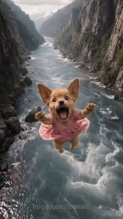 Animated monkey carrying a puppy out of a river after it fell off a cliff.