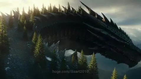 A colossal dragon with mountains and forests on its back slowly awakens, roaring in a mountainous landscape.