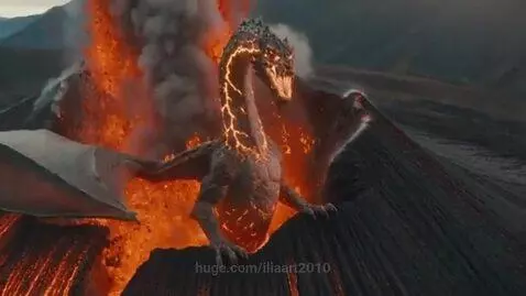 A massive lava dragon with glowing cracks emerges from an erupting volcano, breathing fire.