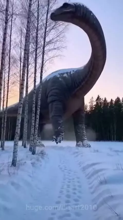 A large Brachiosaurus covered in light snow walks through a bare winter forest at twilight.
