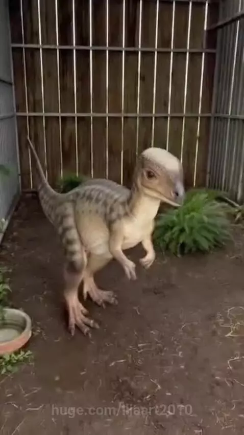 Animated juvenile Pachycephalosaurus with a small head crest inside a cage with metal bars and a wooden back.