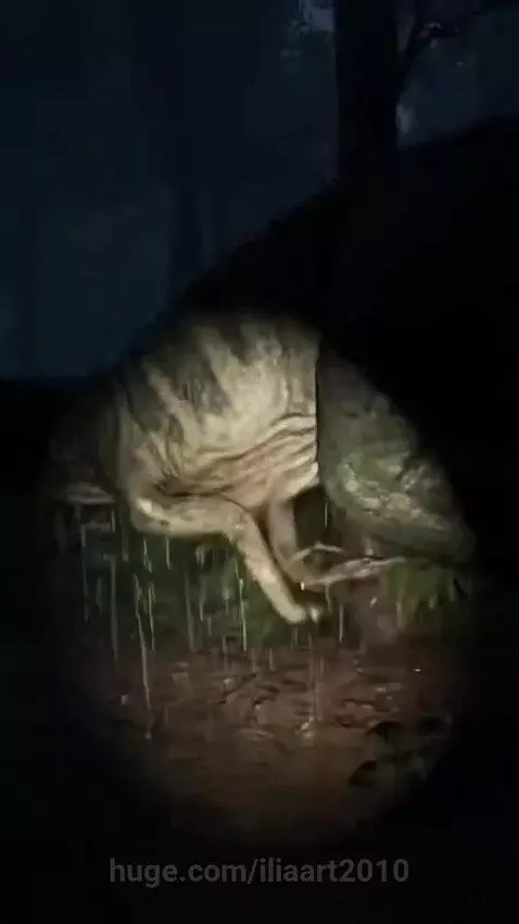 A Dilophosaurus dinosaur lunging aggressively towards the camera in a dark, rainy forest at night.