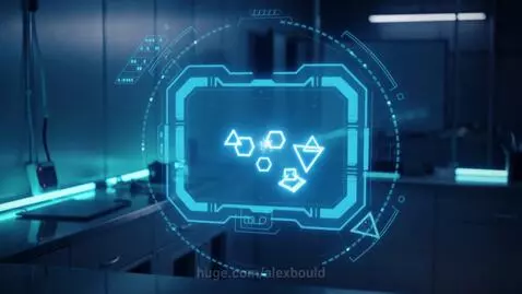 A vibrant blue holographic display showing moving geometric shapes in a dimly lit, futuristic laboratory.