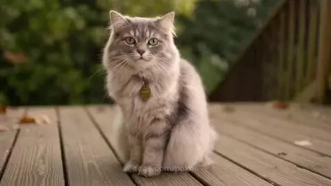 A fluffy grey cat with green eyes sits on a wooden deck, with smoke effects around it after an explosion.