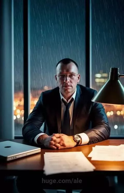 Man in business suit slams fists on desk in dark office at night, papers flying, rain outside.