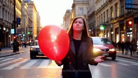 Young woman holding a large red balloon on a busy city street during sunset, golden hour lighting.