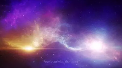 Vibrant purple, blue, and gold nebula clouds drift in deep space with scattered stars.