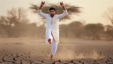 Man in white kurta performing a dynamic dance in a dry, cracked desert with sparse trees.