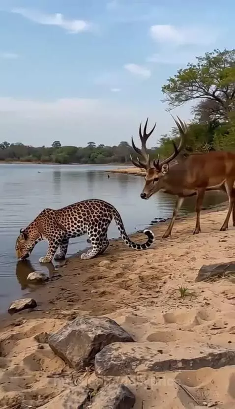 A leopard drinking water is nudged by a deer and then attacked by crocodiles in a river.