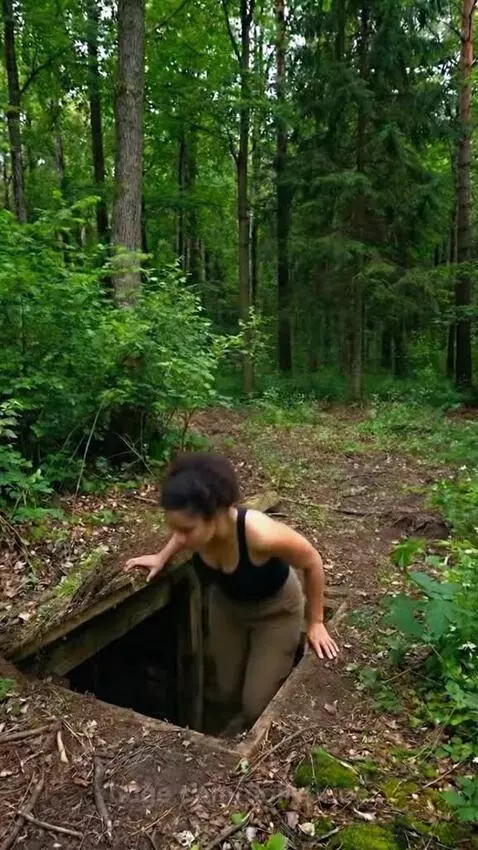 Woman descending into a hidden underground bunker in a forest, with a masked man searching nearby.