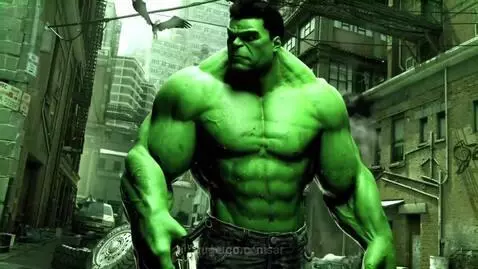 A muscular green character resembling the Hulk stands in a city, aiming a handgun directly at the viewer with a menacing laugh.