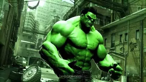 Muscular green character with angry expression holding a pistol in a dark urban alley with tall buildings.