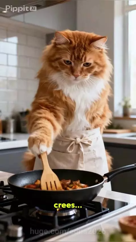 Fluffy orange cat wearing an apron, stirring food in a pan, with a surprised woman nearby.