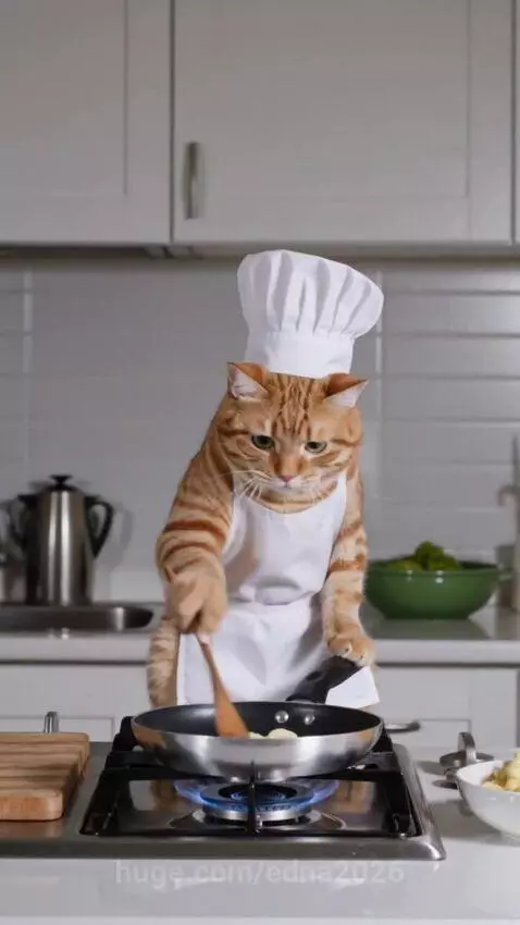 Orange tabby cat wearing a chef hat and apron, stirring food, looking annoyed at a woman trying to steal it.