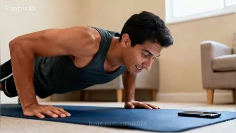 Man on yoga mat trying to exercise, then happily eating a large burger and fries.