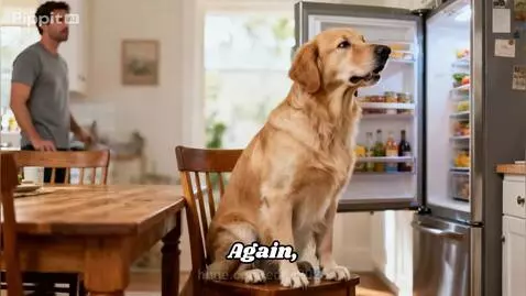 Man in kitchen being roasted by his golden retriever sitting at the dining table.