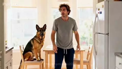 German Shepherd dog sitting on a kitchen table, looking at its owner with a judgmental expression.
