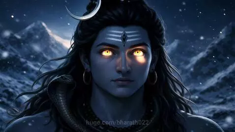 Stylized digital painting of Hindu deity Shiva with blue skin, glowing yellow eyes, and a snake around his neck.
