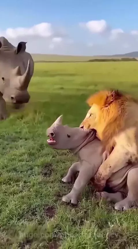 Lion holding a baby rhino by the neck, with an adult rhino charging to defend it.