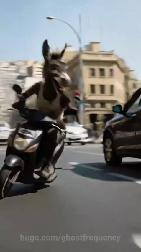 CGI donkey in tank top and pants riding a scooter, doing a wheelie, and crashing.