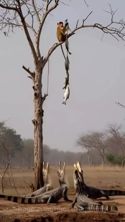 Monkey dangling fish over open-mouthed crocodiles in a dry landscape.