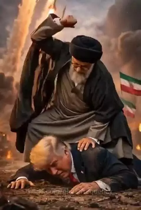 Man resembling Ayatollah Khamenei striking a man resembling Donald Trump on the ground, with rockets and explosions in the background.