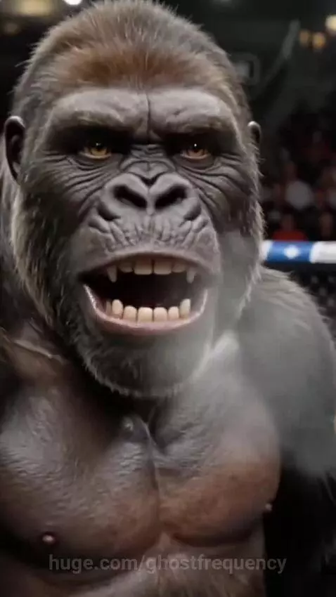 CGI gorilla and a muscular man fighting in a UFC octagon, with the gorilla delivering a punch.