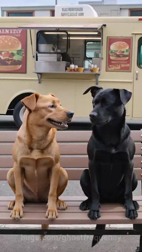 Two anthropomorphic dogs on a park bench, one brown and one black, looking at a food truck.