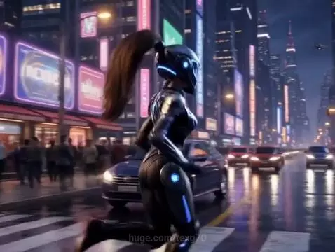 Futuristic woman in a neon cyberpunk city with a sleek sports car and helmet.