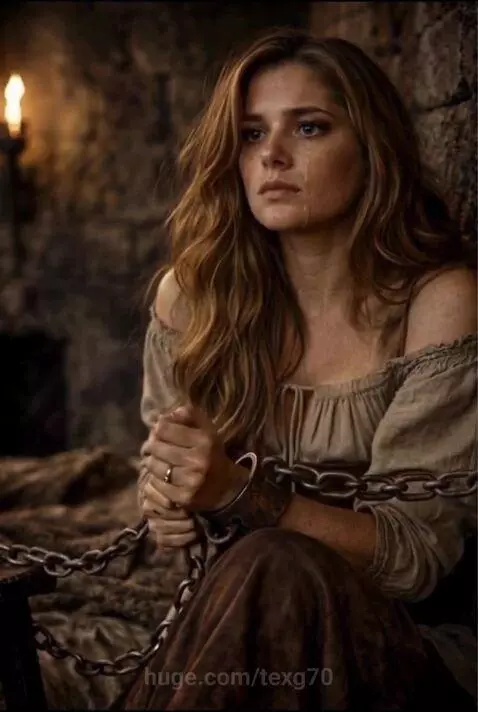 Woman in medieval dress chained in a dark corridor, struggling and then breaking free.