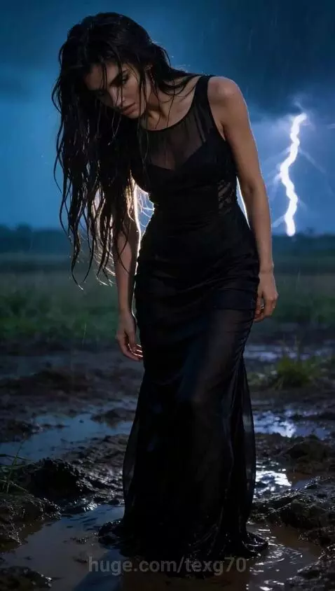Woman in a wet black dress standing in heavy rain, with dramatic stormy clouds and lightning.