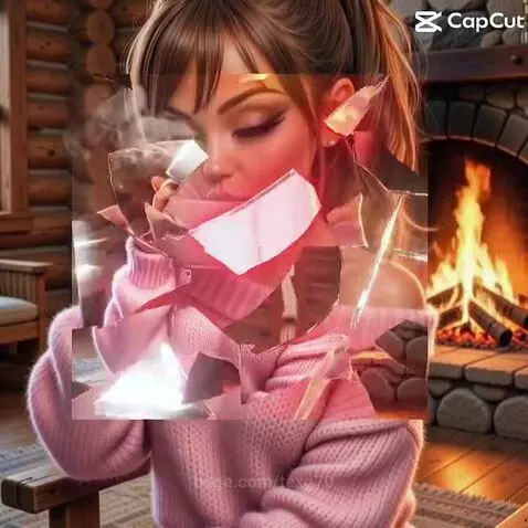 Animated woman in a pink sweater holding a coffee cup in a cozy log cabin with a fireplace.