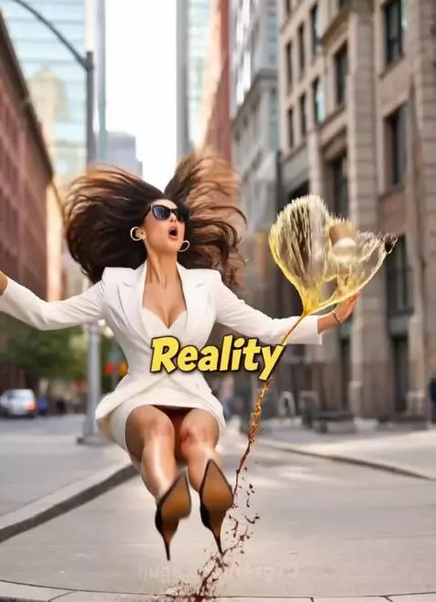 Woman in white blazer and dress walking confidently, then stumbling and spilling coffee.