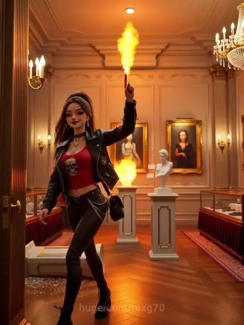 Animated punk rock woman with skull jacket and red top, performing on stage with pyrotechnics.