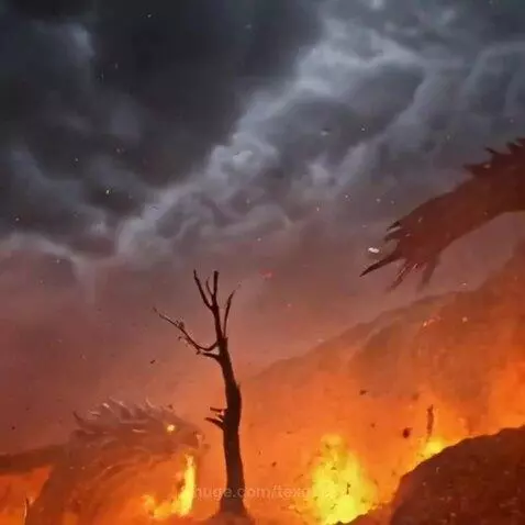 Two dragons, one fire and one ice, locked in a fierce elemental battle amidst a stormy, volcanic landscape.