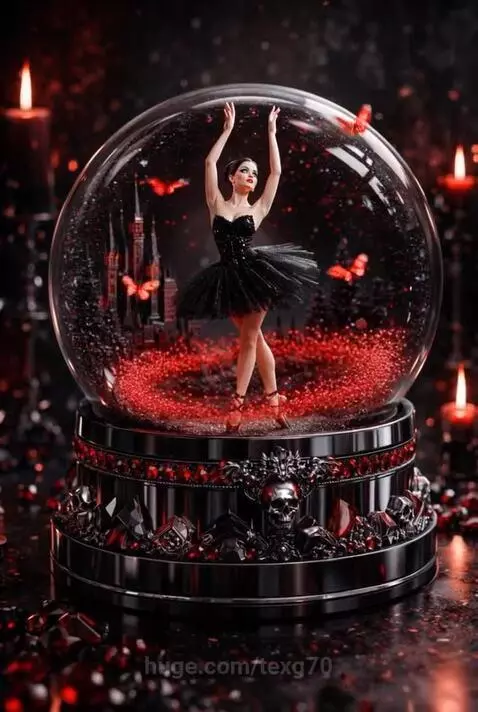 Gothic snow globe featuring a ballerina in a black tutu, a dark castle, and red glitter falling.
