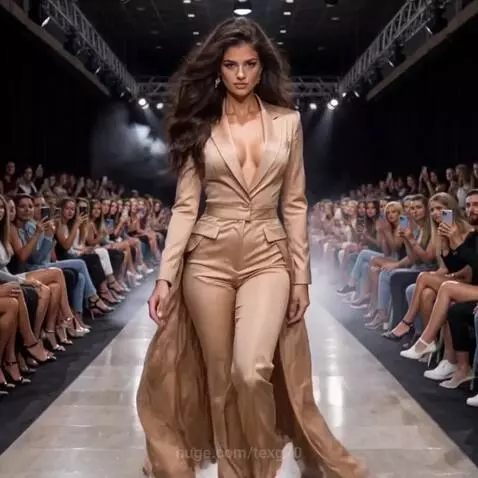 Model with long brown hair walks a brightly lit runway showcasing diverse, bold fashion outfits.