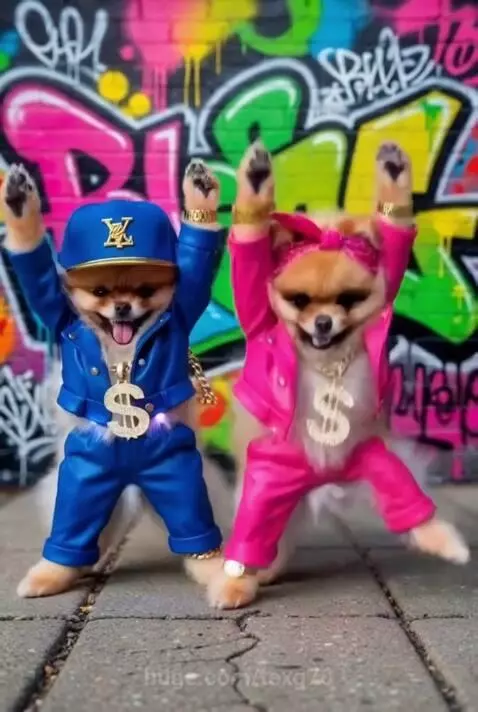 Two Pomeranian dogs wearing outfits and gold chains dancing in front of a graffiti wall.
