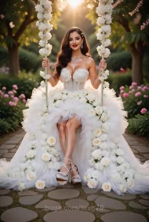 Woman with dark hair in a white strapless gown with roses sits on a swing covered in white flowers, smiling in a garden.