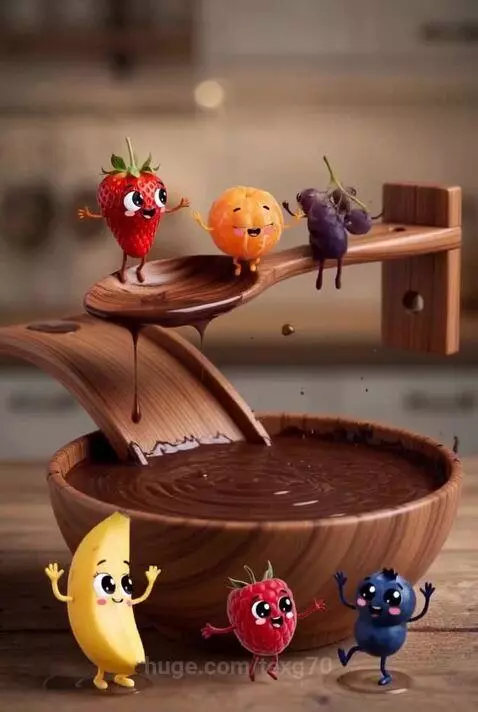 Animated fruits with cute faces jumping into a bowl of melted chocolate.