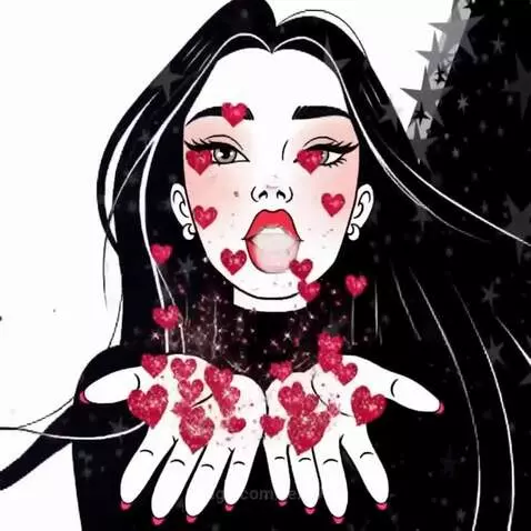 Animated woman with black hair and red lips blowing red glittery hearts from her hands.