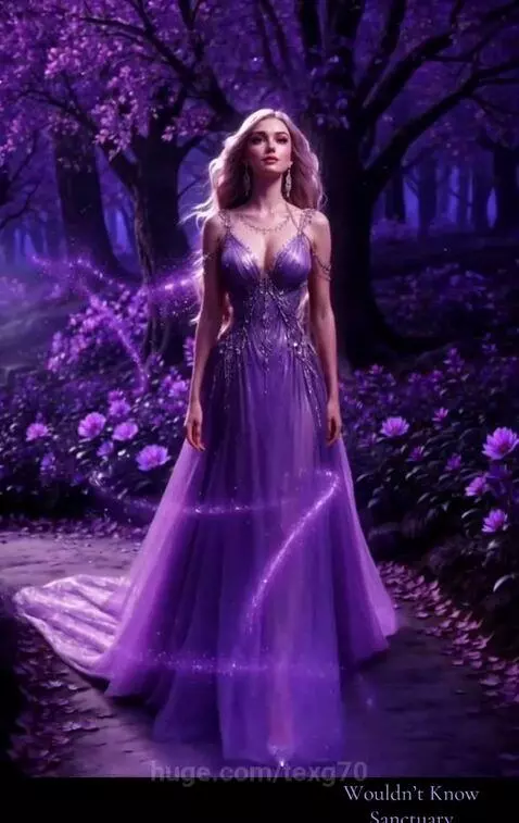 Ethereal woman in a shimmering purple gown walks through a magical, glowing purple forest with a luminous river.