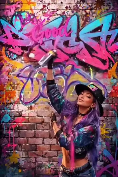 Animated woman with purple hair spray-painting 'Good Morning Friends!' and 'Sanctuary' on a colorful graffiti wall.