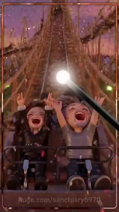 Animated couple holding hands, smiling, with a background of various romantic and adventurous scenes.