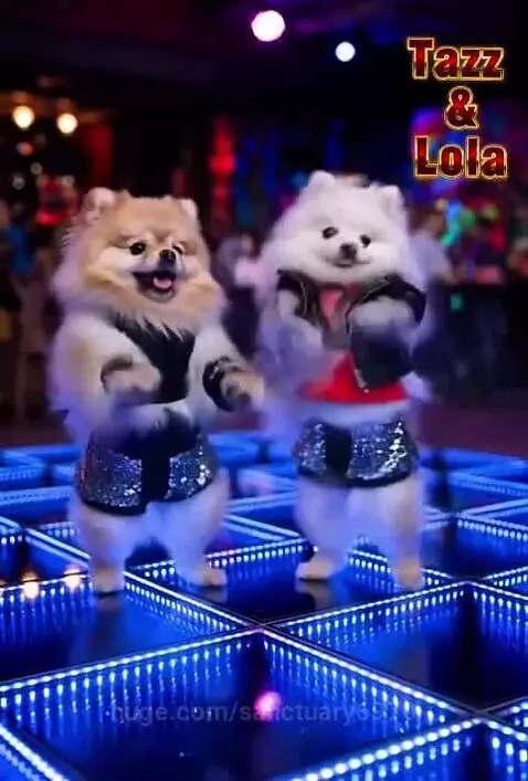 Two Pomeranian dogs, Tazz and Lola, wearing sequined vests and dancing on hind legs to 'Kung Fu Fighting'.