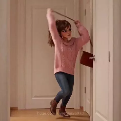 Animated woman with expressive eyes and makeup, wearing a pink sweater, rushing to her car to drive to work.