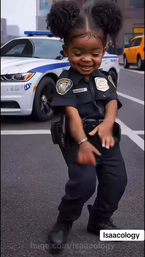 Toddler in police uniform with curly buns dancing happily on a street.