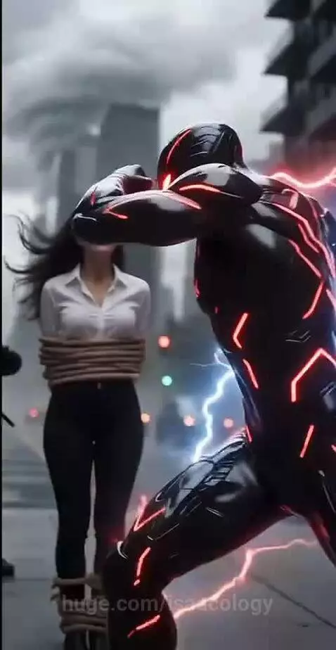 A superhero with glowing red lines on a suit rescues a woman from armed men on a damaged city street.